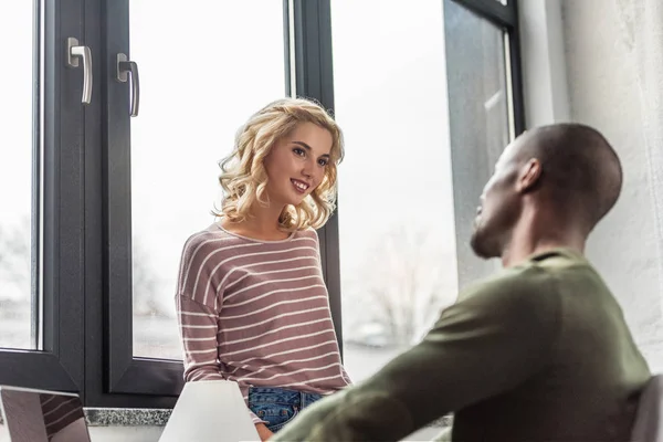 Partial View Young Multiethnic Couple Looking Each Other Home — Stock Photo, Image