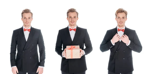 Men in stylish suits with present — Stock Photo, Image