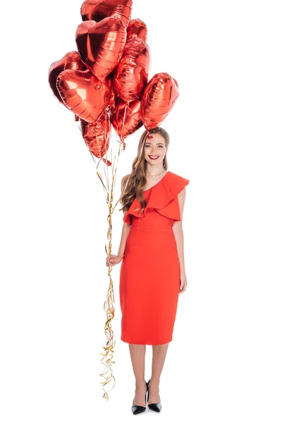 Mujer hermosa con globos en forma de corazón — Foto de stock gratis