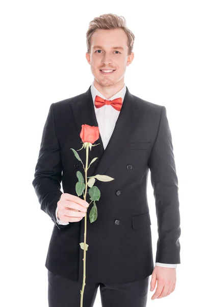 Mannen i kostym med ros blomma — Stockfoto