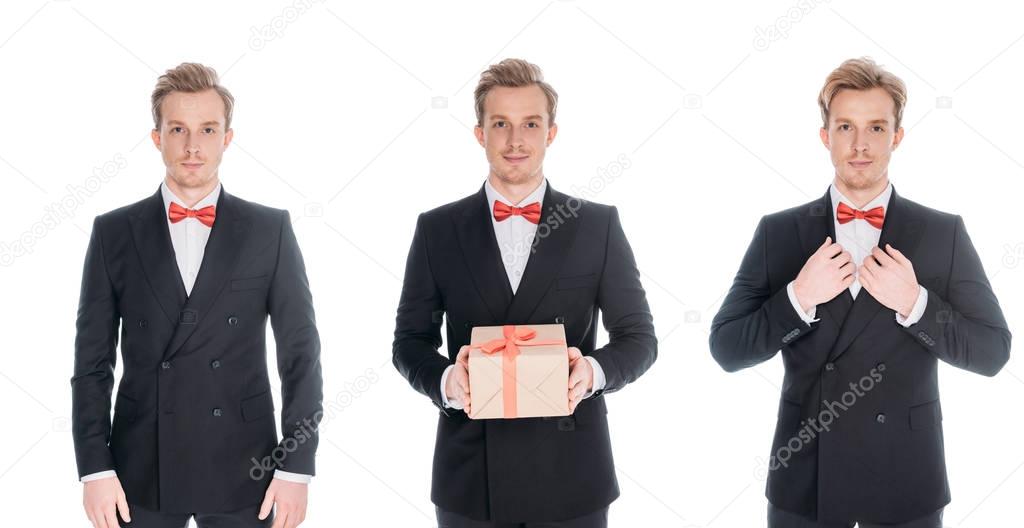 men in stylish suits with present