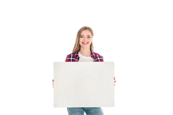Mujer joven con pancarta en blanco — Foto de Stock