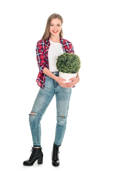 Девушка с зеленым растением в горшке — стоковое фото