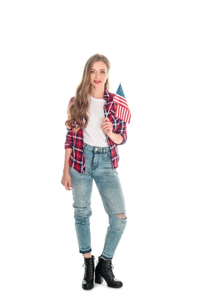 Νεαρή γυναίκα με αμερικανική σημαία — Φωτογραφία Αρχείου