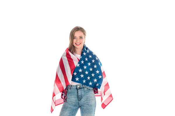 young woman with american flag