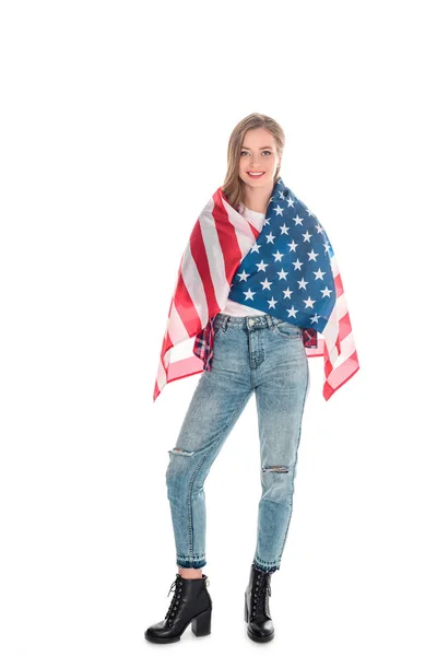 Jonge vrouw met Amerikaanse vlag — Gratis stockfoto