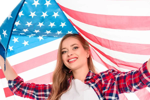 Молода жінка з американським прапором. — стокове фото
