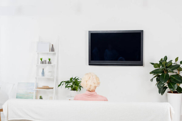 back view of woman resting on sofa and watching tv at home