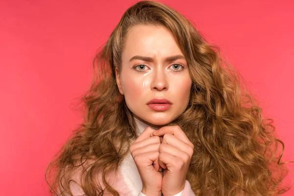 Upset Crying Girl Looking Camera Isolated Red — Stock Photo, Image