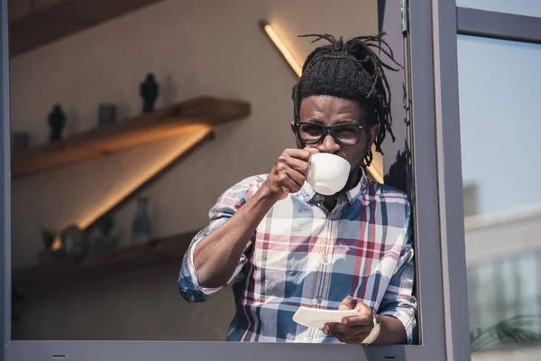 African American Man Drinking Coffee Cafe — Stock Photo, Image