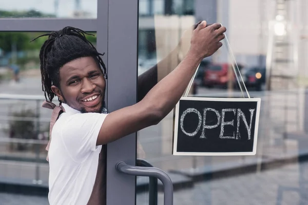 Cheerful African American Coffee Shop Owner Open Sign — Stock Photo, Image