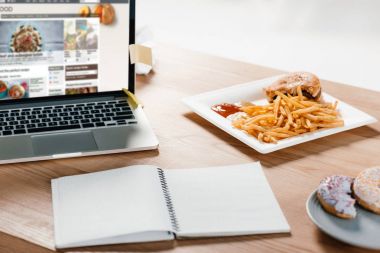 Web sitesi, not defteri, çörek ve patates kızartması işyerinde hamburger ile dizüstü bilgisayar 