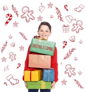 boy with christmas gifts clipart