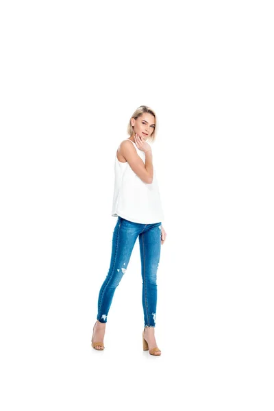 Hermosa Chica Rubia Posando Jeans Aislado Blanco — Foto de Stock