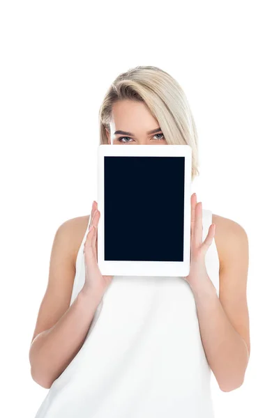 Donna Che Presenta Tablet Digitale Con Schermo Bianco Isolato Bianco — Foto Stock