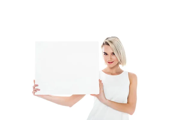 Krásná Blondýnka Prázdné Desky Izolované Bílém — Stock fotografie