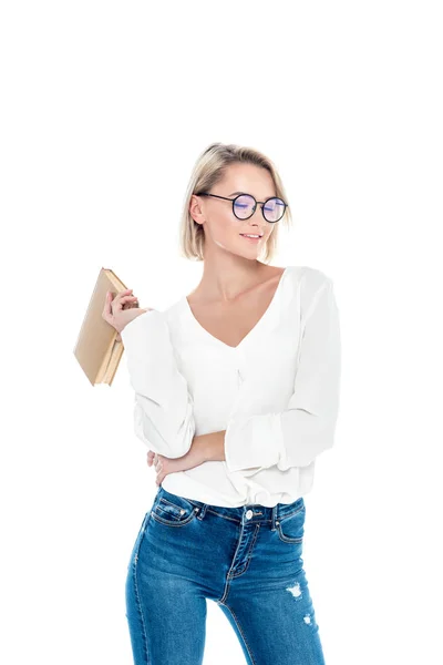 Attraktives Stylisches Mädchen Brille Mit Buch Isoliert Auf Weiß — Stockfoto