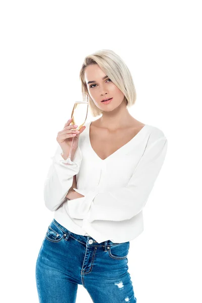 Menina Loira Atraente Segurando Copo Champanhe Isolado Branco — Fotografia de Stock