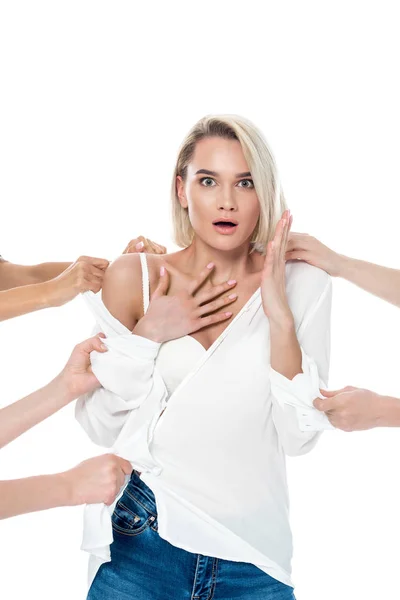 Many Hands Undressing Stylish Shocked Girl Isolated White — Stock Photo, Image