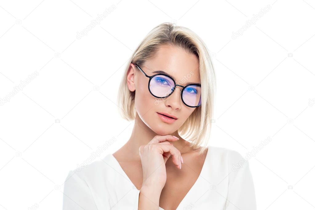 beautiful pensive girl in eyeglasses, isolated on white