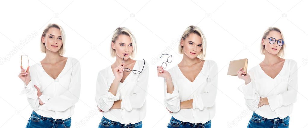 collage with beautiful girl with champagne glass, glasses and book, isolated on white