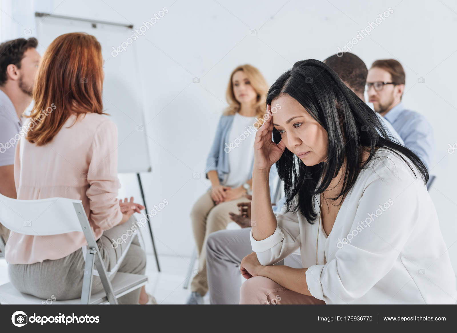Close View Upset Asian Middle Aged Woman People Sitting Chairs