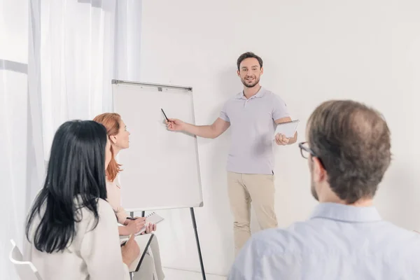 Middle Aged Man Pointing Blank Whiteboard Anonymous Group Therapy — Stock Photo, Image