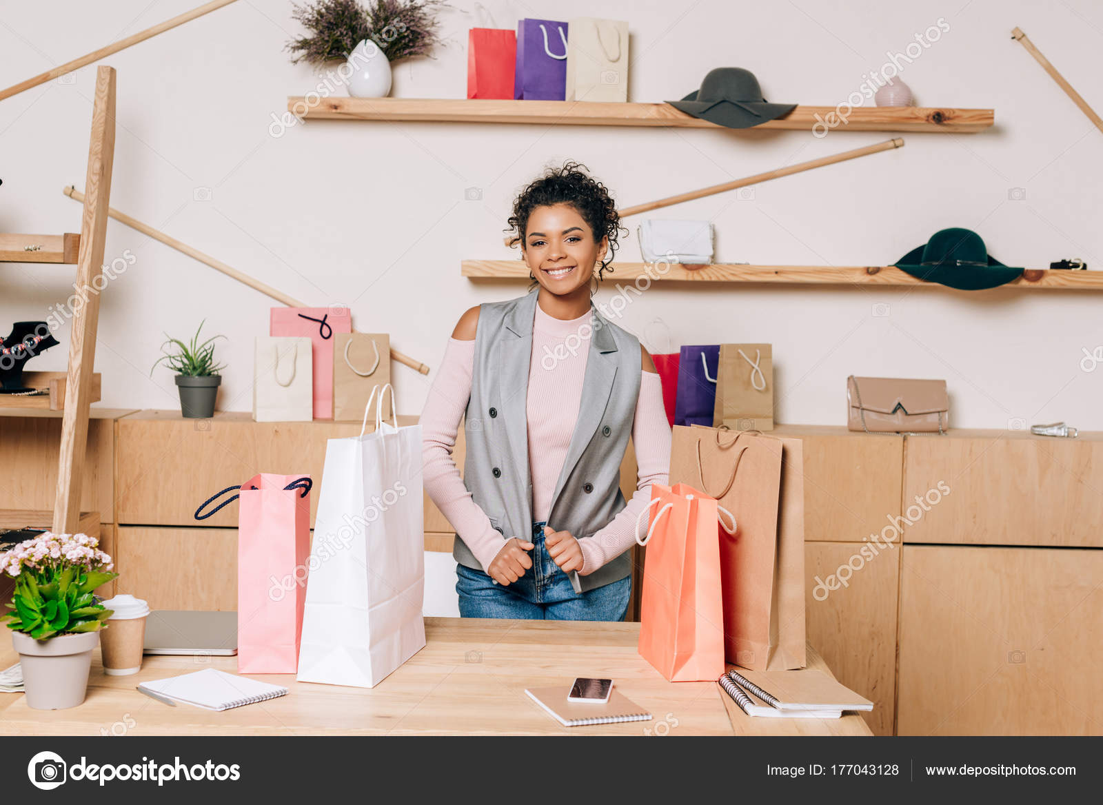 Clothing Store Manager Standing Workplace Shopping Bags Table Stock