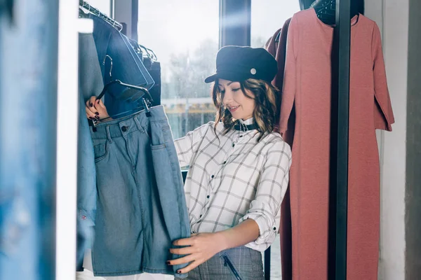 Beautiful Young Woman Looking New Clothes Store — Stock Photo, Image