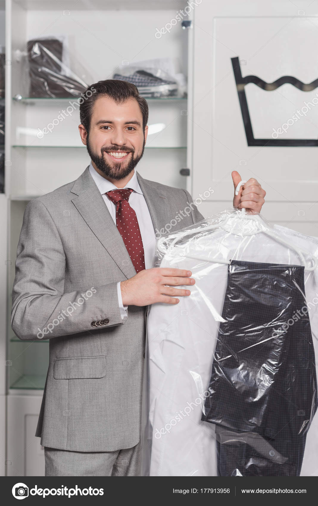 Businessman Holding Plastic Bag Clean Clothing Dry Cleaning — Stock
