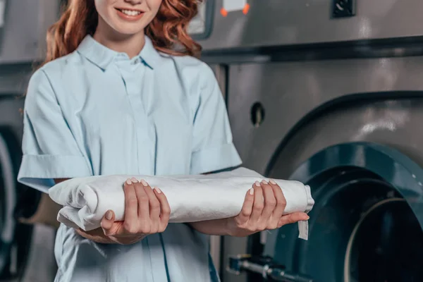 Cropped Shot Female Dry Cleaning Worker Holding Stack Clean White — Stock Photo, Image