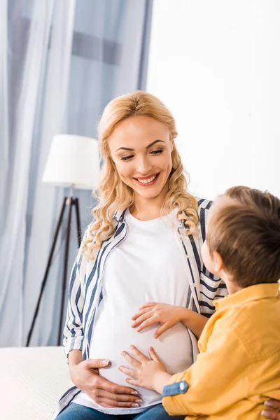 Happy Pregnant Mother Son Touching Belly — Stock Photo, Image
