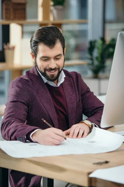 Architect Tekening Blauwdruk Werkplek Met Computer — Stockfoto