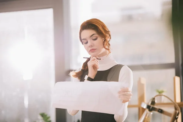 Pensive Architect Working Blueprint Office Back Light — Stock Photo, Image