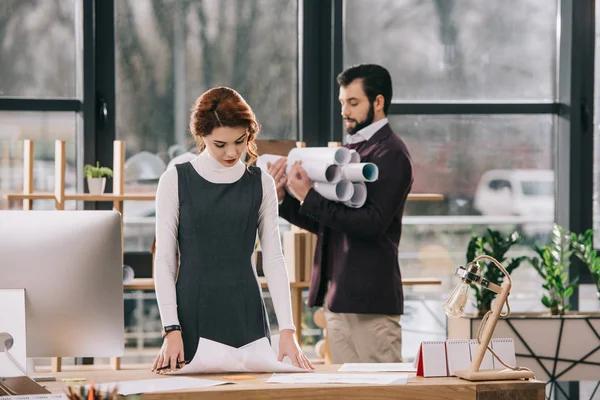 Two Architects Working Blueprints Modern Office — Stock Photo, Image