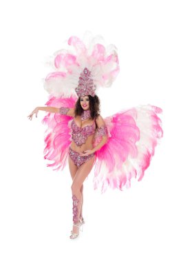Pembe Tüylü, beyaz izole karnaval kılık dans neşeli kız