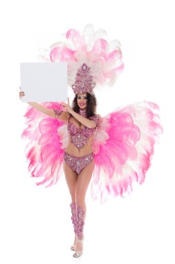 caucasian woman in carnival costume holding blank banner in raised hands , isolated on white   clipart