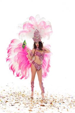 Pembe tüy altın Brezilya bayrağı ile karnaval kılık parlak kadın üzerinde beyaz izole