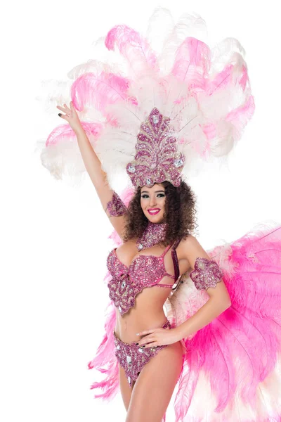 Mujer Alegre Posando Traje Carnaval Con Plumas Color Rosa Aislado —  Fotos de Stock