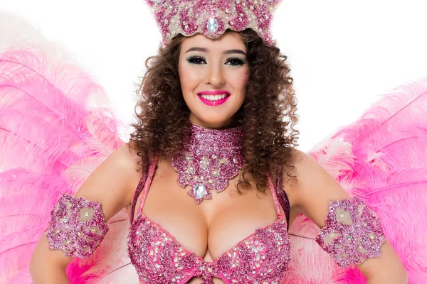 Cheerful Woman Posing Carnival Costume Pink Feathers Gems Isolated White — Free Stock Photo