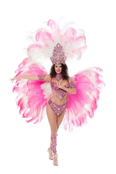 Mulher Sorridente Dançando Traje Carnaval Com Penas Rosa Isolado Branco — Fotografia de Stock