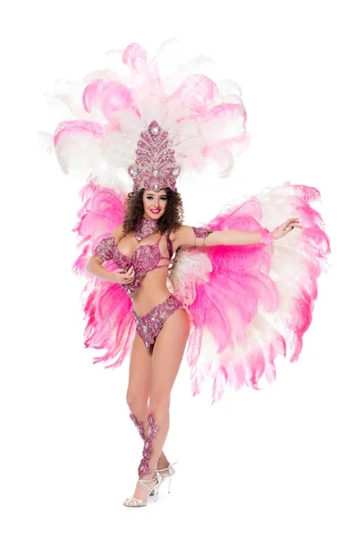 Hermosa Chica Bailando Traje Carnaval Con Plumas Color Rosa Aislado — Foto de Stock