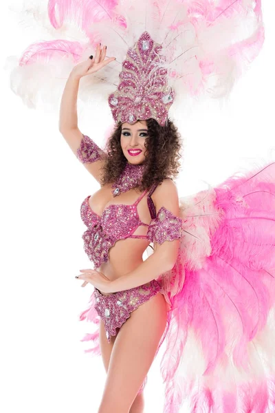 Menina Feliz Posando Traje Carnaval Com Penas Rosa Isolado Branco — Fotografia de Stock Grátis