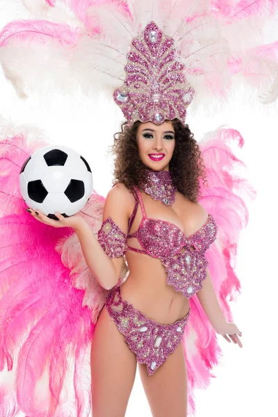 Mujer Traje Carnaval Sosteniendo Pelota Fútbol Mano Aislado Blanco — Foto de Stock