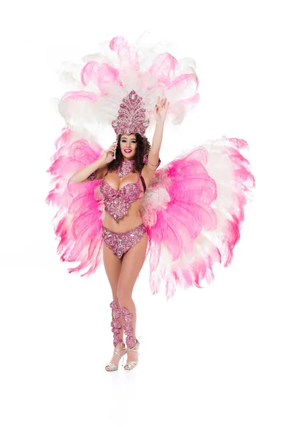 Woman Carnival Costume Using Smartphone One Hand Raised Isolated White — Stock Photo, Image