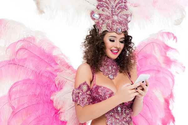 Vrouw Carnaval Kostuum Met Smartphone Geïsoleerd Wit — Stockfoto