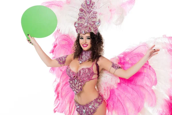 Mujer Traje Carnaval Sosteniendo Globo Texto Verde Blanco Aislado Blanco — Foto de stock gratuita