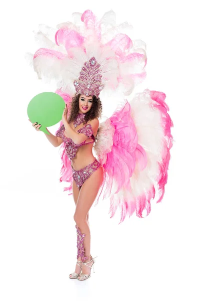 Mujer Traje Carnaval Sosteniendo Globo Texto Verde Blanco Aislado Blanco — Foto de Stock