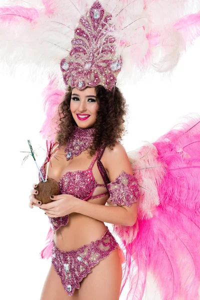 Woman Carnival Costume Holding Coconut Straws Looking Camera Isolated White — Stock Photo, Image