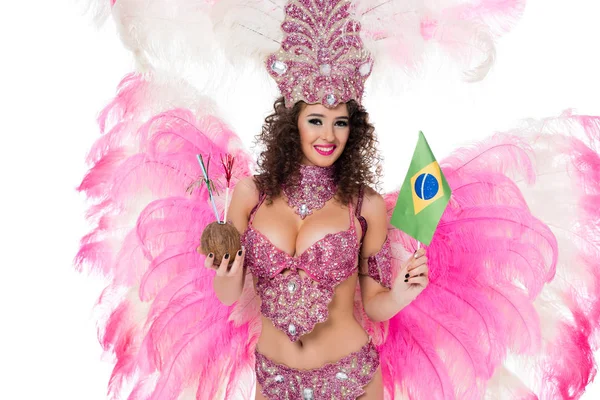 Mulher Traje Carnaval Segurando Coco Com Palhas Bandeira Brasileira Isolada — Fotografia de Stock